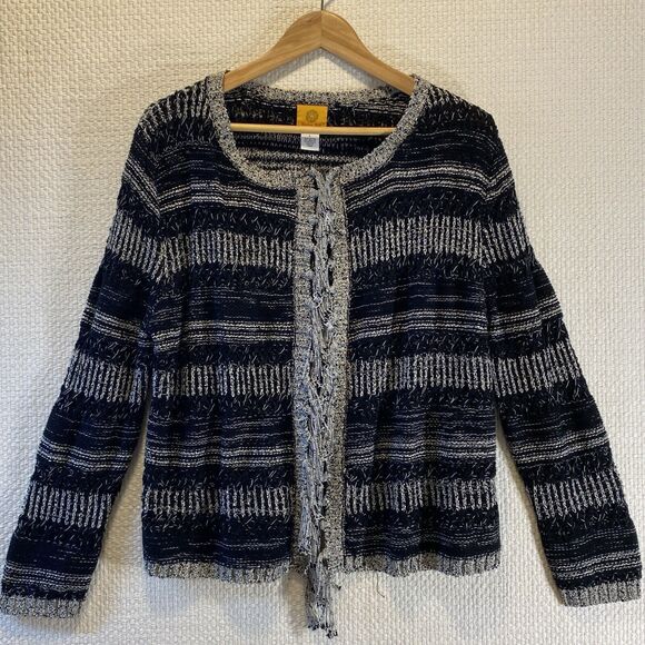 Ruby Rd Black and White Open Sweater Tassel Medium Weight Size Large Boho Casual - Picture 1 of 10